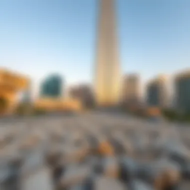 Ground view of Al Wasl Tower with surrounding urban landscape