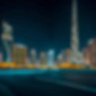 Nighttime illumination of Al Wasl Tower against the Dubai skyline