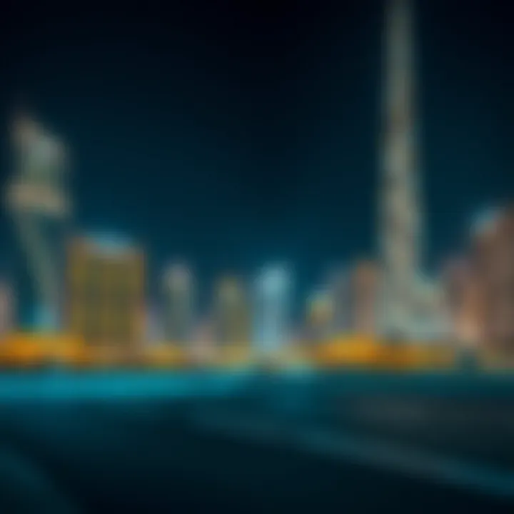 Nighttime illumination of Al Wasl Tower against the Dubai skyline