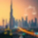 Dubai skyline with legal symbols