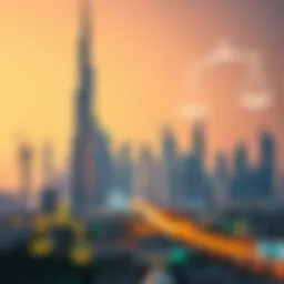 Dubai skyline with legal symbols