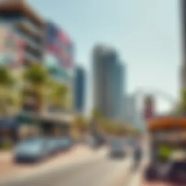 Vibrant streets of Business Bay with bustling activity.