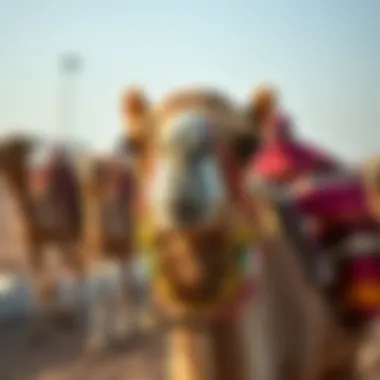 A majestic camel adorned with colorful gear, poised for a race.