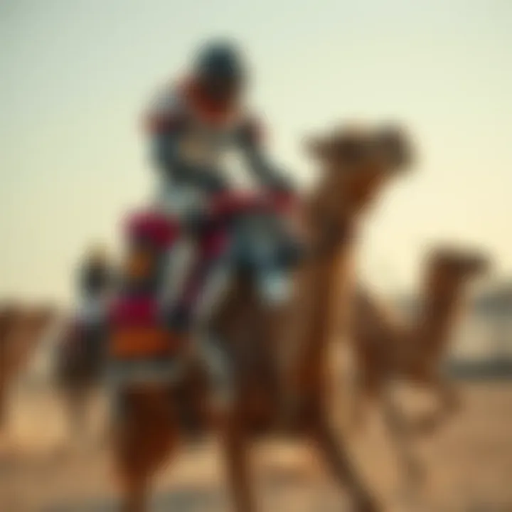 A high-tech robot jockey riding a camel during a race.