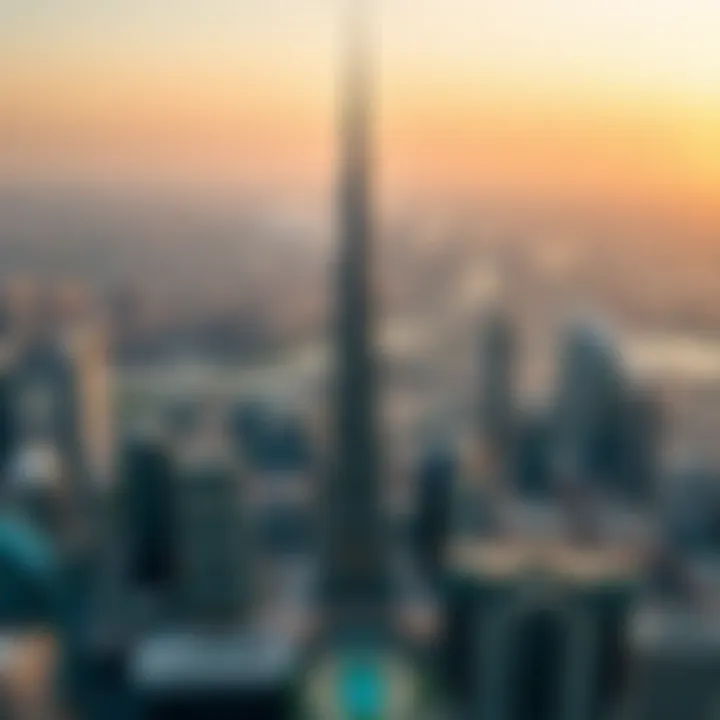 Aerial view of Dubai featuring the Cricket Tower amidst the skyline