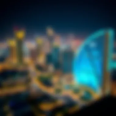 Night view of Dera City Center illuminated against the Dubai skyline