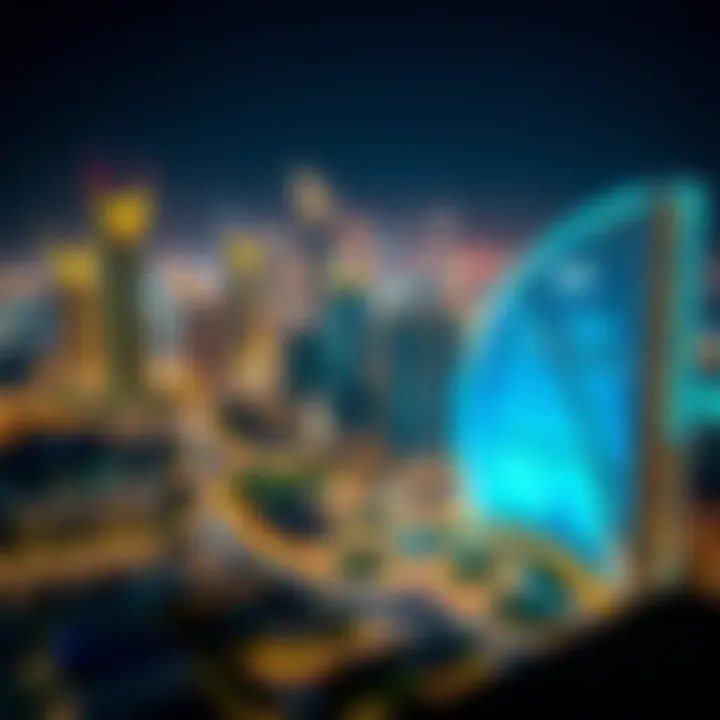 Night view of Dera City Center illuminated against the Dubai skyline