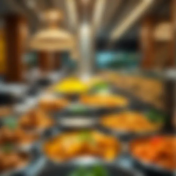 Diverse cuisine options displayed in a buffet