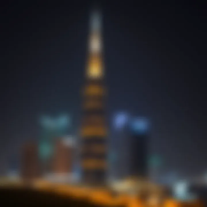 Night view of Exchange Tower illuminated against Dubai skyline