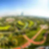 A panoramic view of Al Jada Park showcasing its lush greenery and vibrant pathways