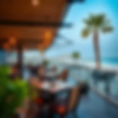 An outdoor terrace dining area with stunning views of the beach