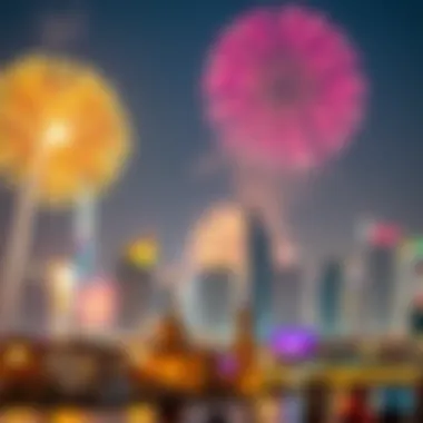 Celebratory fireworks lighting up the Dubai skyline during National Day.