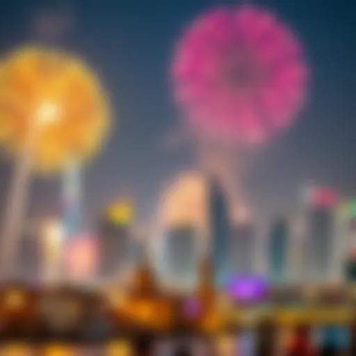 Celebratory fireworks lighting up the Dubai skyline during National Day.