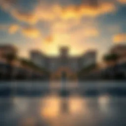 Stunning view of Fairmont The Palm's architecture against the sunset