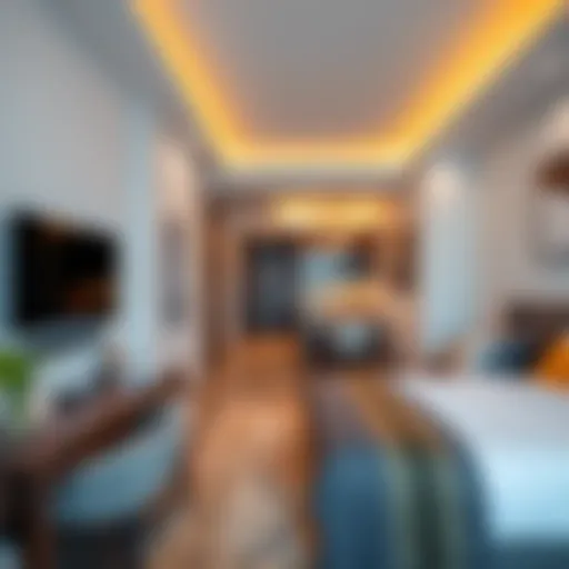 A modern furnished studio apartment showcasing contemporary design elements