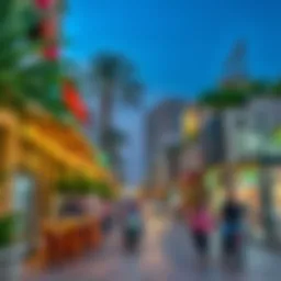 A vibrant street scene in Khalidiya showcasing local cafes and shops.