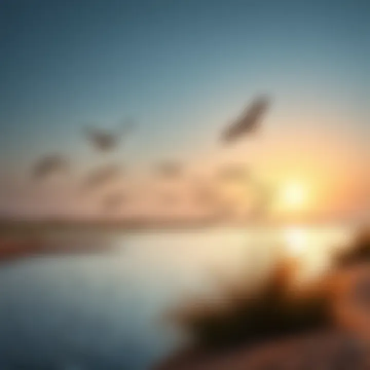 Ecological Diversity at Lake Al Qudra Birds in flight over Lake Al Qudra showcasing the ecological diversity