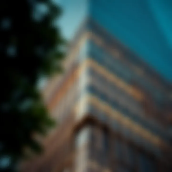 Close-up of the unique facade of Adax Tower highlighting its architectural details