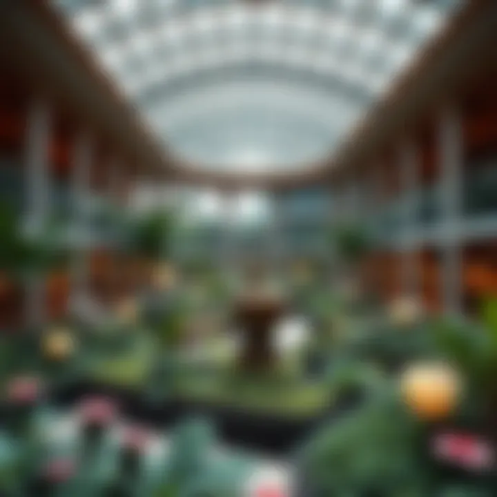 The unique architectural design of the Butterfly Garden, highlighting its ecological features