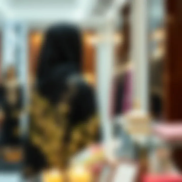 Elegant black abaya with intricate embroidery displayed in a boutique