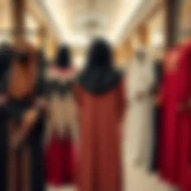Trendy abayas arranged in a stylish retail setting