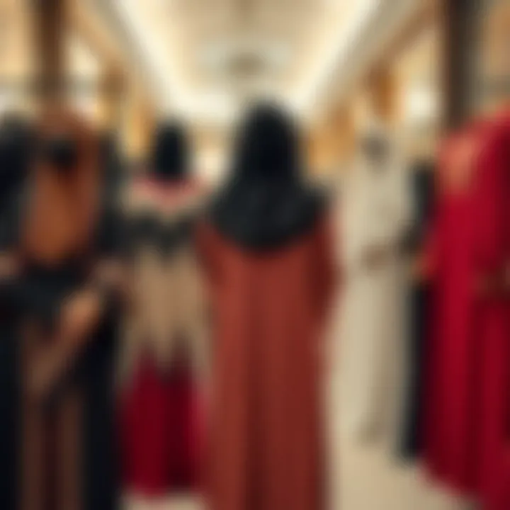 Trendy abayas arranged in a stylish retail setting