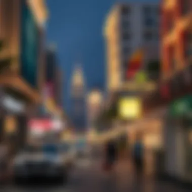 A vibrant street scene in the heart of Dubai showcasing architectural diversity and urban life.