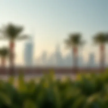 Dubai Skyline from Walking Area Scenic view of Dubai's skyline from a popular walking area.