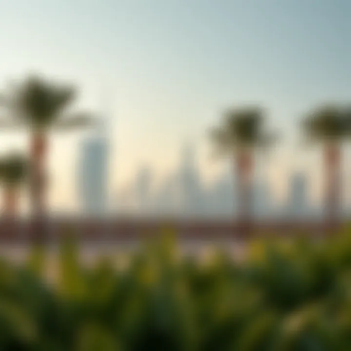 Dubai Skyline from Walking Area Scenic view of Dubai's skyline from a popular walking area.