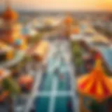An aerial view of Global Village showcasing its vibrant attractions