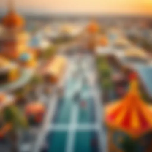 An aerial view of Global Village showcasing its vibrant attractions