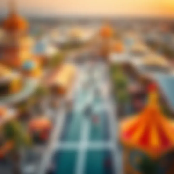 An aerial view of Global Village showcasing its vibrant attractions