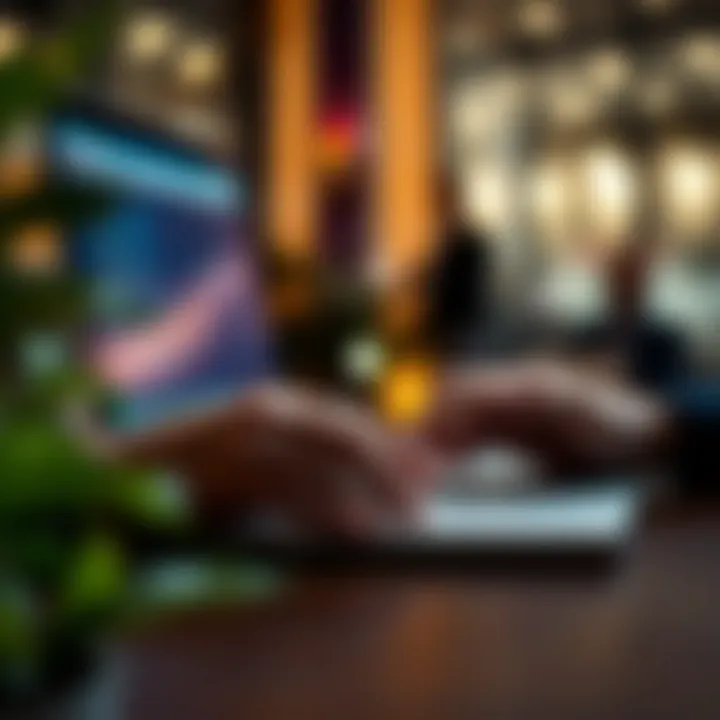 Hands typing on a laptop with financial icons