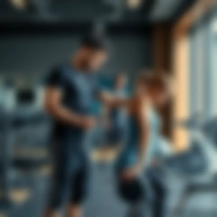 Personal trainer assisting a client in a modern gym