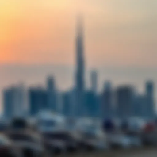 Stunning skyline of Dubai at sunset with iconic Burj Khalifa