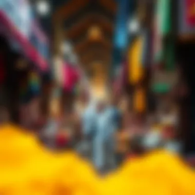 Vibrant souk with colorful textiles and spices