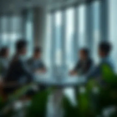 Business meeting discussing outsourcing options for efficiency