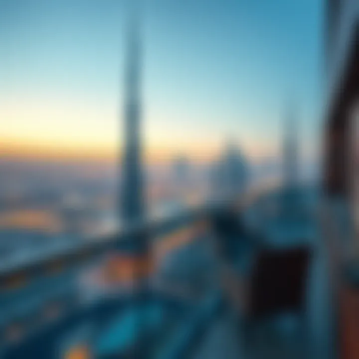 Panoramic view of Dubai skyline from hotel balcony