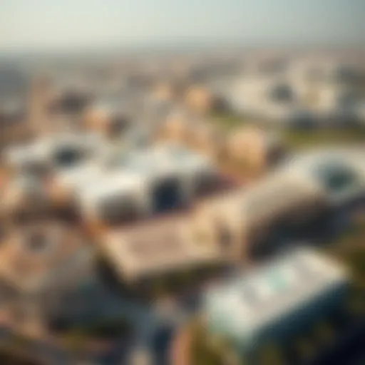 Aerial view of Dubai's Academic City showcasing the modern architectural designs of educational institutions.