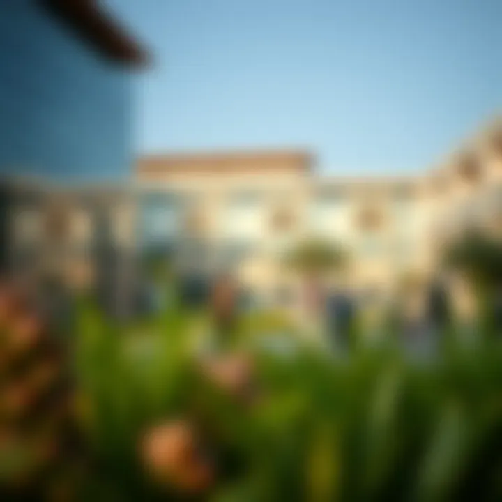 A vibrant campus area with students collaborating on projects in an outdoor setting.