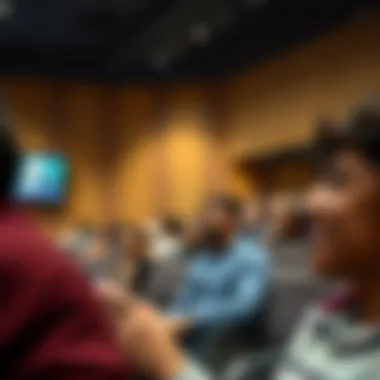 Inside a state-of-the-art lecture hall filled with engaged students from diverse backgrounds.