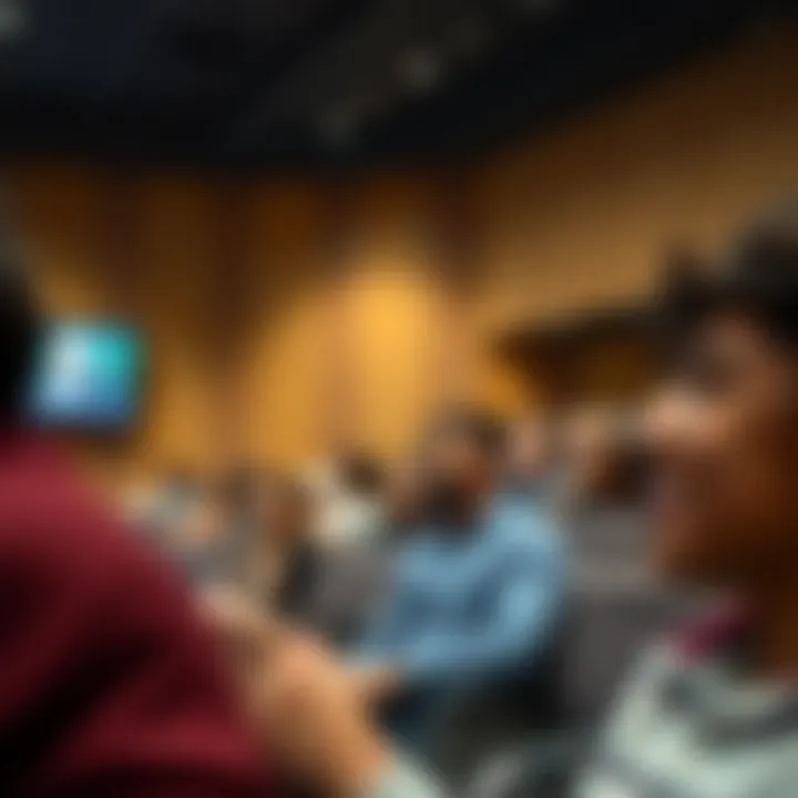 Inside a state-of-the-art lecture hall filled with engaged students from diverse backgrounds.