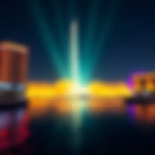 A breathtaking view of the Dubai Water Show illuminated by vibrant lights
