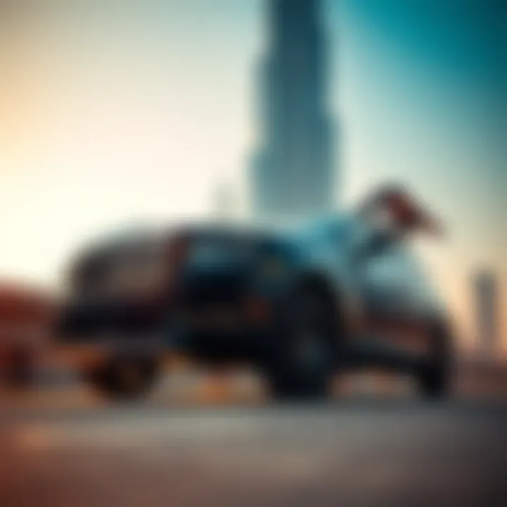 A private vehicle against the backdrop of Dubai's Burj Khalifa