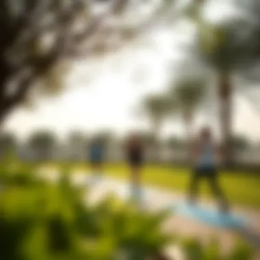 Visitors engaging in fitness activities amidst the serene setting of Rashidiya Park.