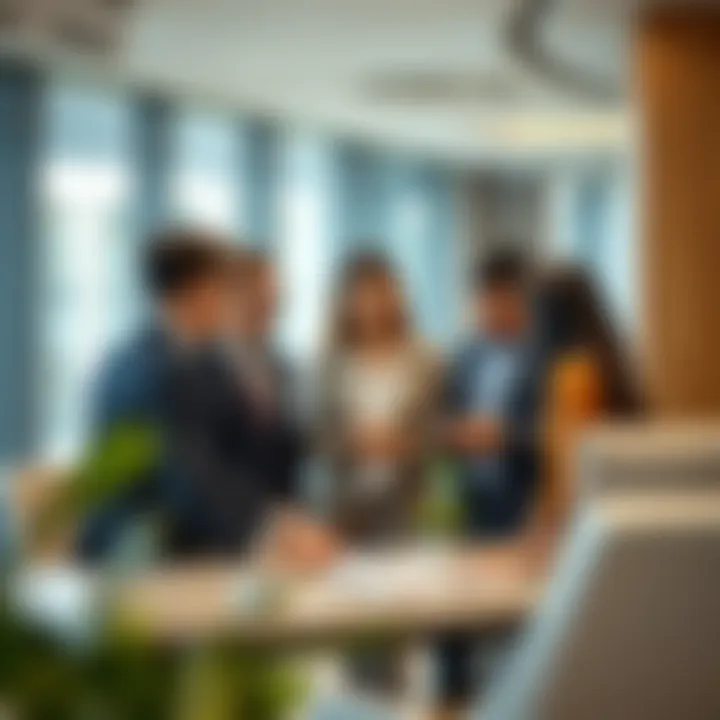 A conceptual image of a diverse group of advisors discussing in a modern office.