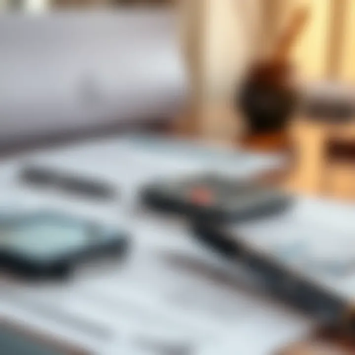 A close-up of financial documents with a calculator and pen on a desk.