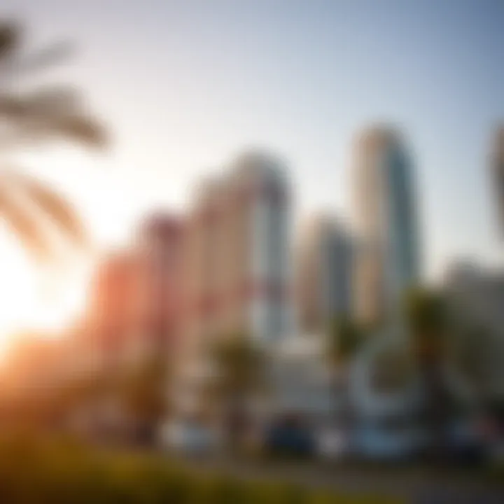 Depiction of a typical summer day in International City with clear skies